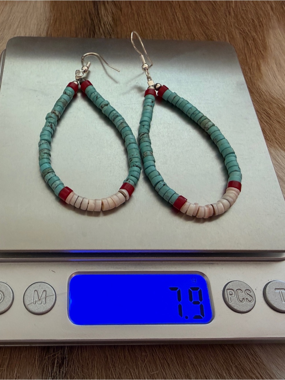 ❤️ Native American “S Duncan” Heishi Turquoise Coral Luhuanus Shell 925 Earrings - Picture 7 of 10